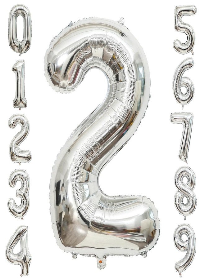 BBPOOL 2 Number Balloons Silver 2 Balloons Number 40 Inch Number 2 Foil Mylar Balloons for 2 Birthday Anniversary Events Party - Image 1